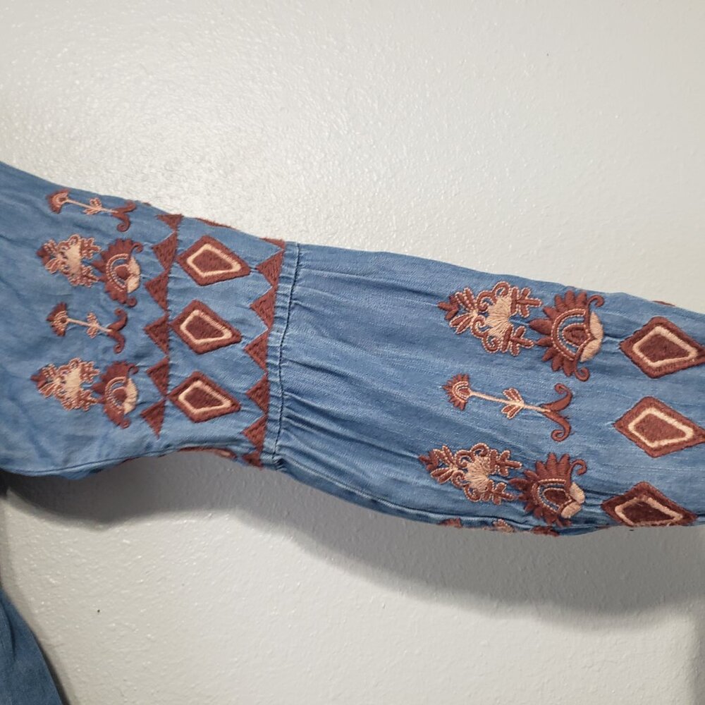 Altar'd State Womens M Embroidered Chambray Boho Tunic Top Blue Long Tassels - Picture 10 of 15